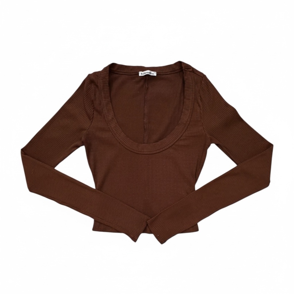 Reformation Ribbed Scoop Neck Long Sleeve Top - Chocolate Brown - Picture 2 of 8